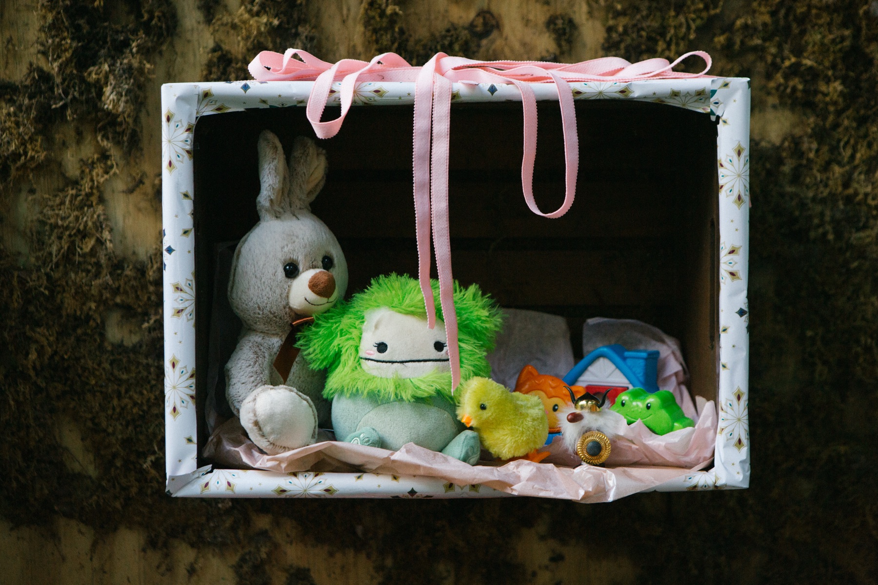 A small gift box of stuffed animals, from What Clings